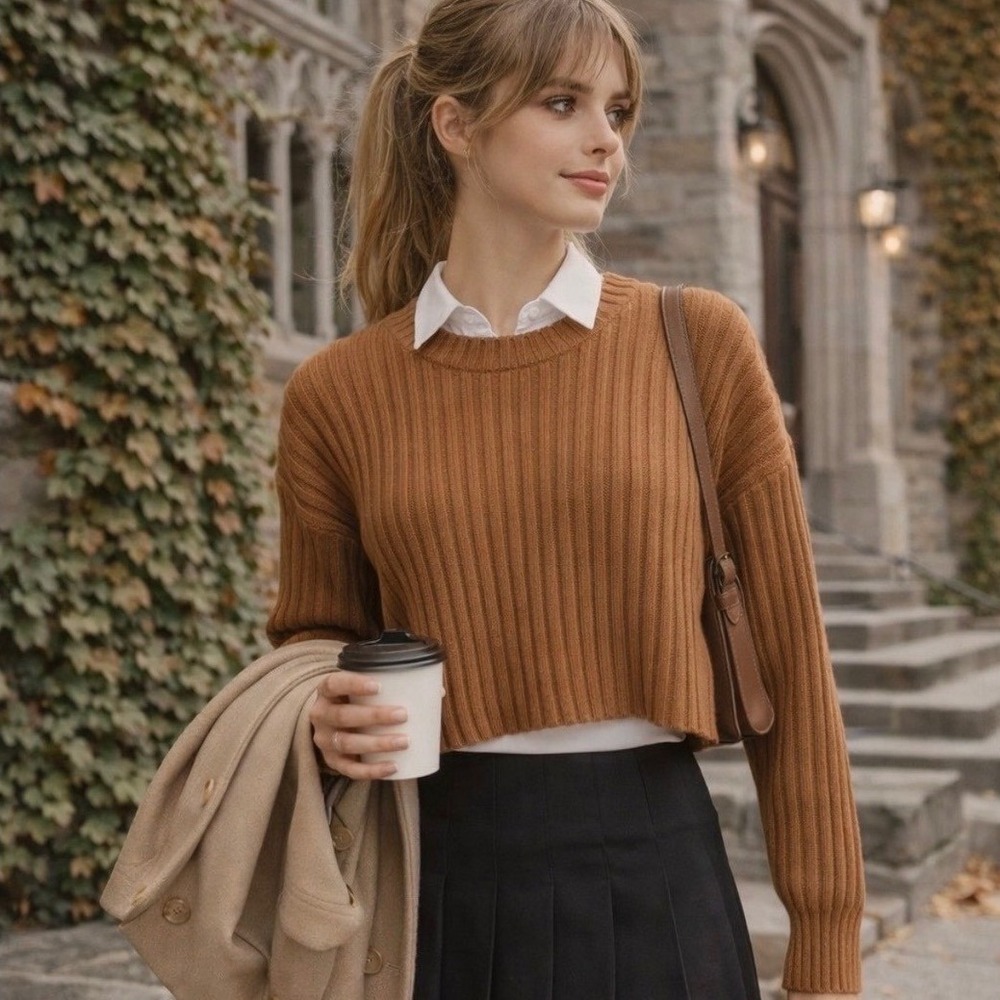 American Eagle Ribbed Cropped Sweater Women Size S Brown Cognac Preppy Fisherman
